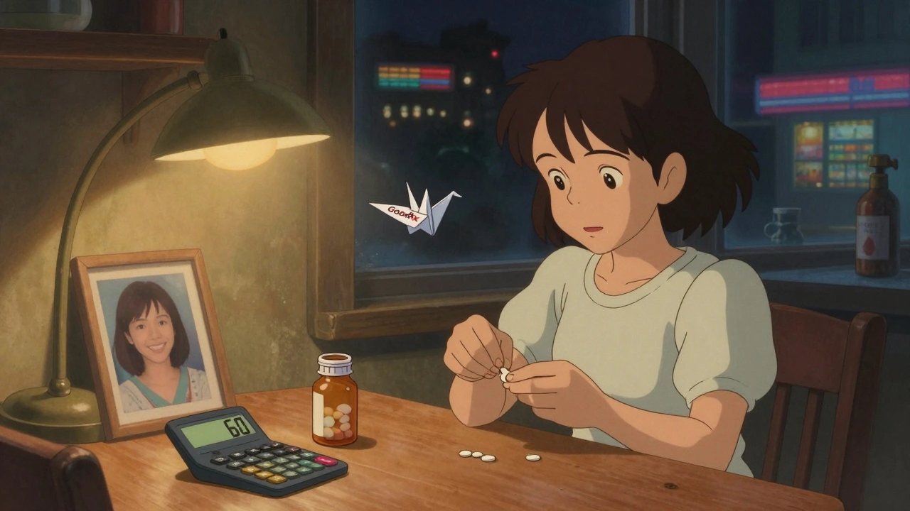 A woman cutting a pill in half at night, with a high price tag and a hopeful paper crane nearby.