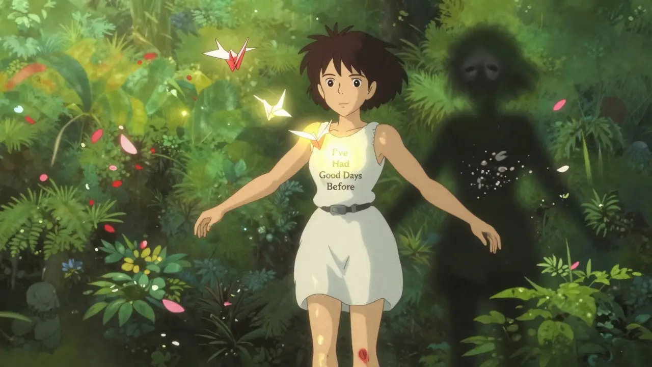 A woman stretching in a sunlit garden as paper cranes rise from her, transforming fearful thoughts into calm symbols.