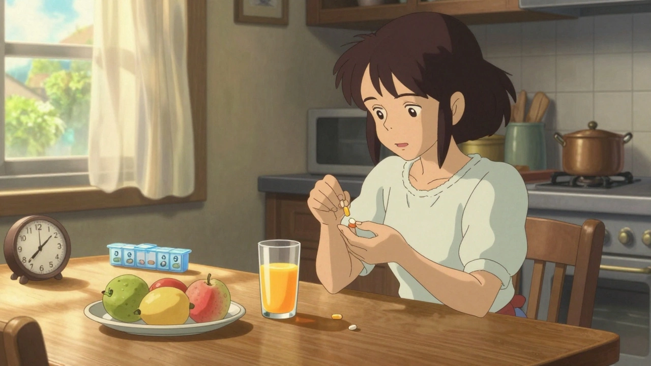 A woman takes iron with orange juice in afternoon sunlight, fruit and vitamin C nearby.