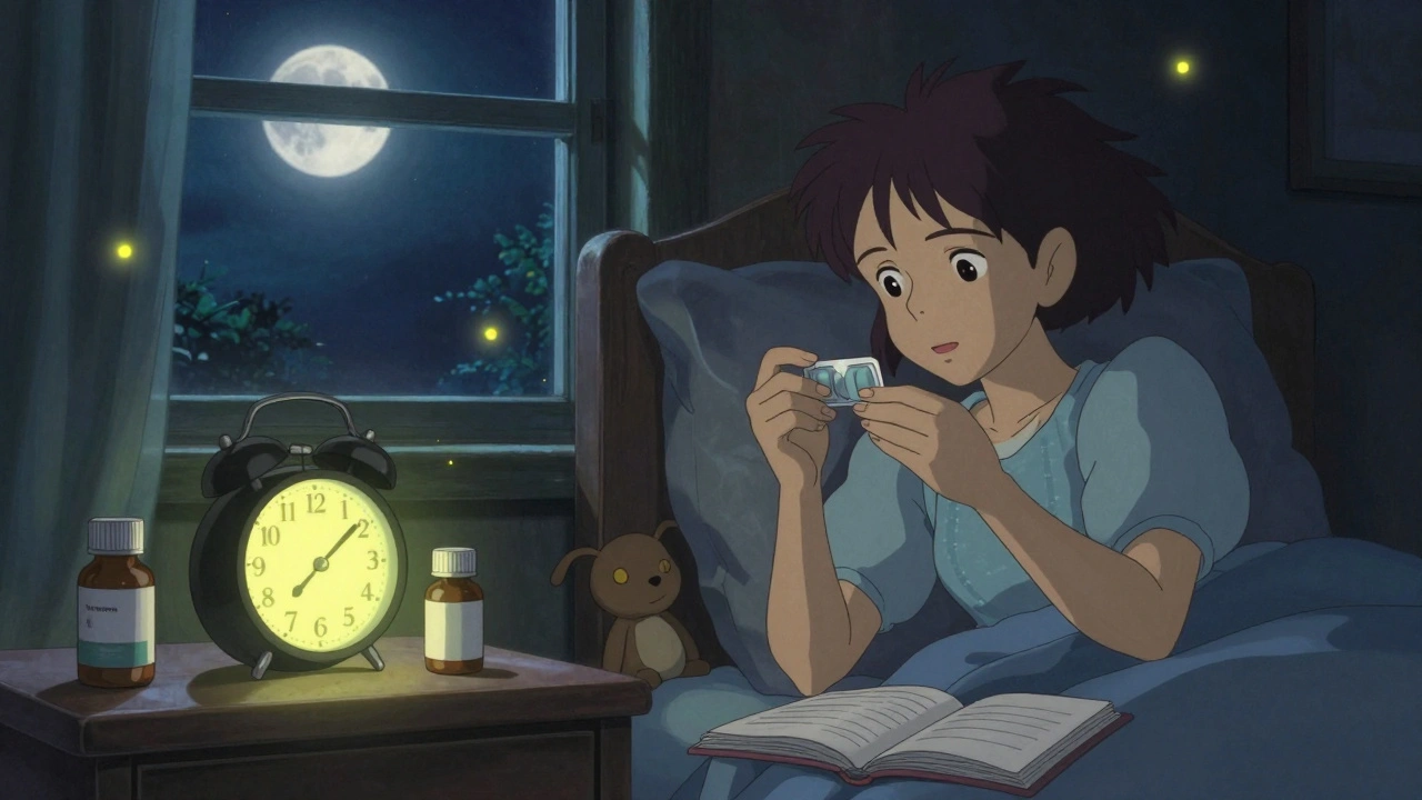 A woman takes thyroid medication at night under moonlight, iron bottle safely across the room.