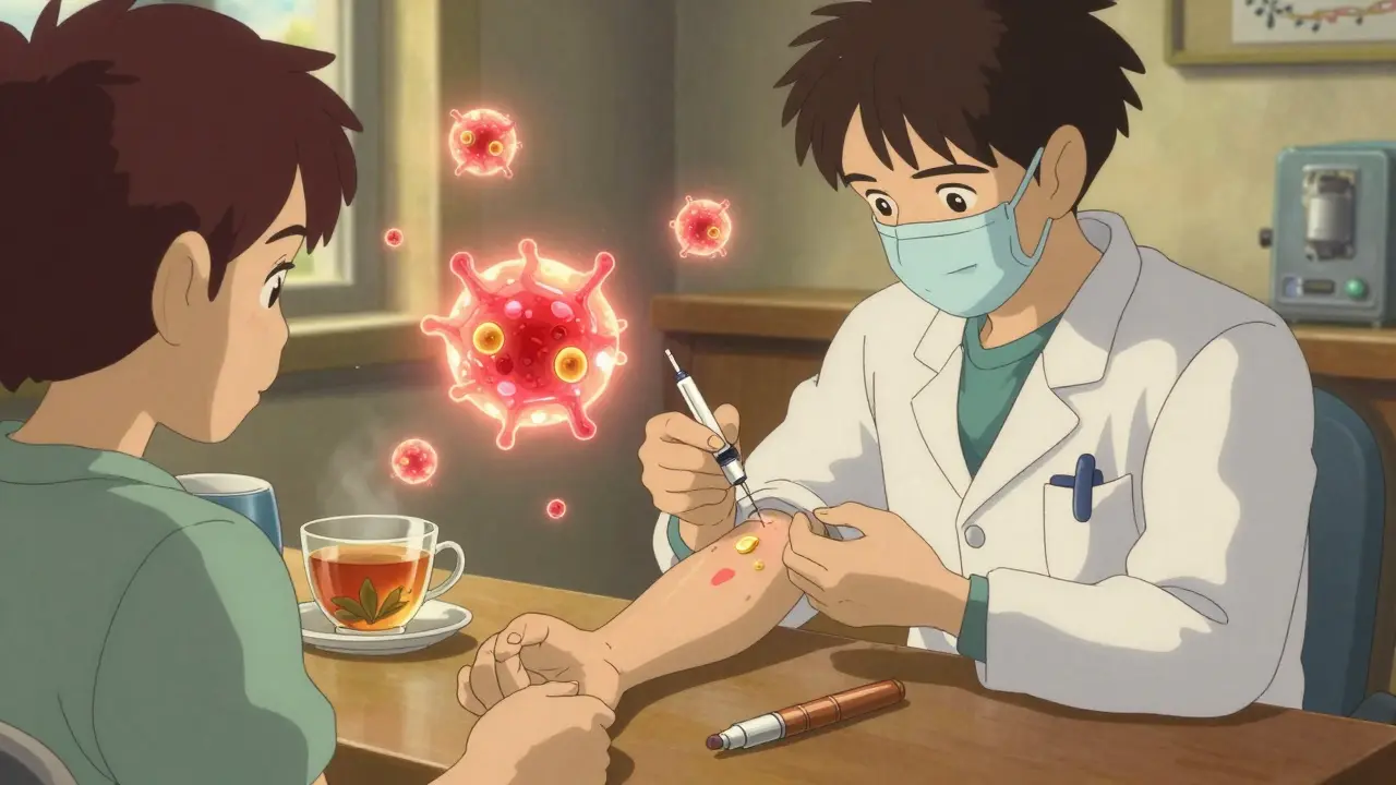 An allergist performs a skin test as glowing immune cells swirl around the arm in a warm clinic.