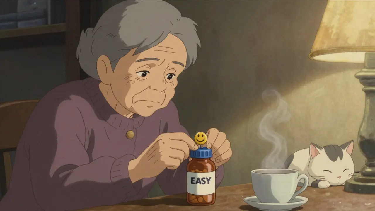 An elderly woman struggling to open a pill bottle with arthritic hands.