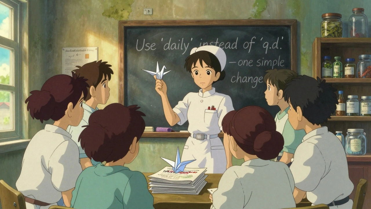 Clinic staff gather around a chalkboard with a simple safety change written in chalk.