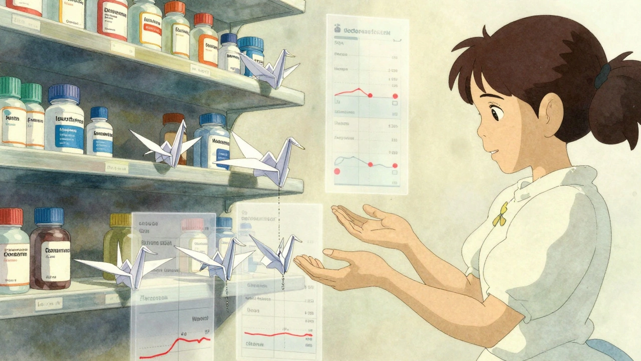 Floating generic medication labels transforming into paper cranes with glowing data streams around a mother’s hands.