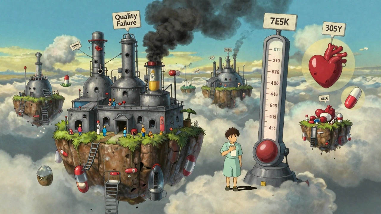 Floating pill factories in the sky, some thriving and others abandoned, with a patient below surrounded by soaring price tags.