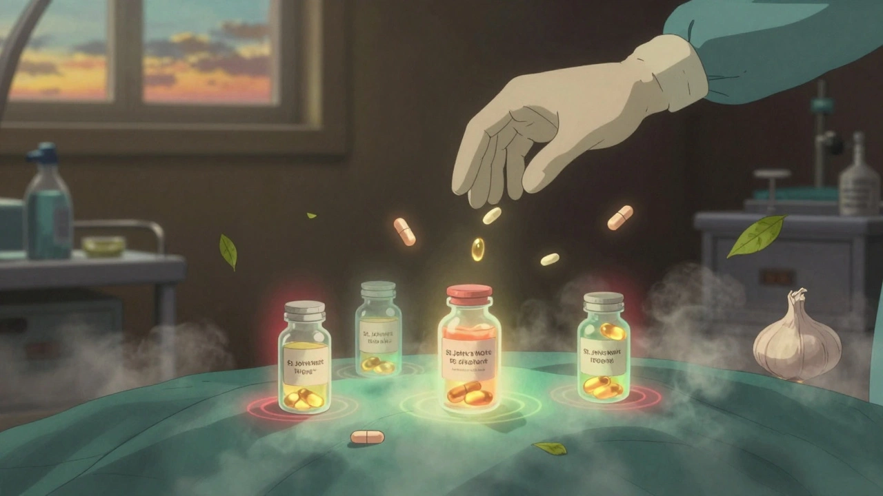 Floating supplement bottles above an operating table, glowing with warning halos.