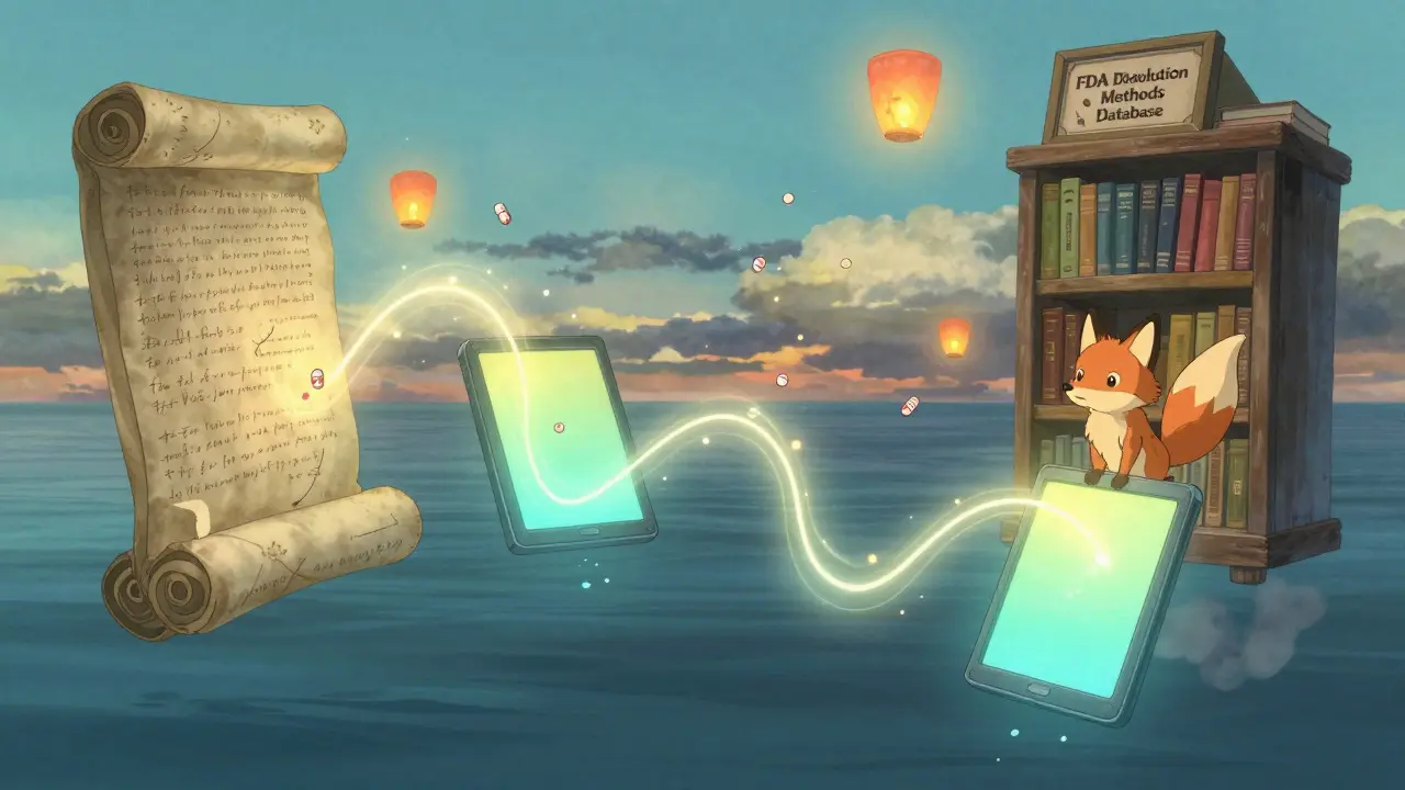 Floating tablets dissolving into shimmering curves above a pH ocean, watched by a fox-spirit in a magical library.