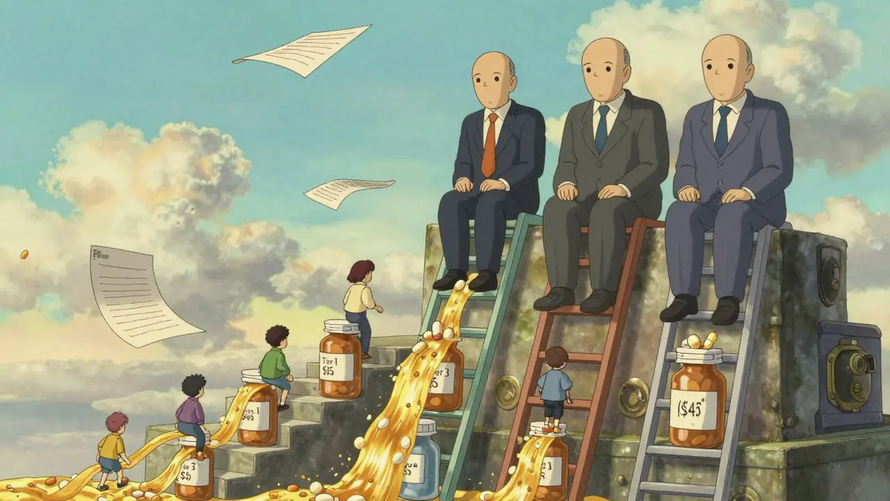 Giant corporate figures tower over a ladder of pill bottles labeled with different prices, golden rebates flowing into their vaults.