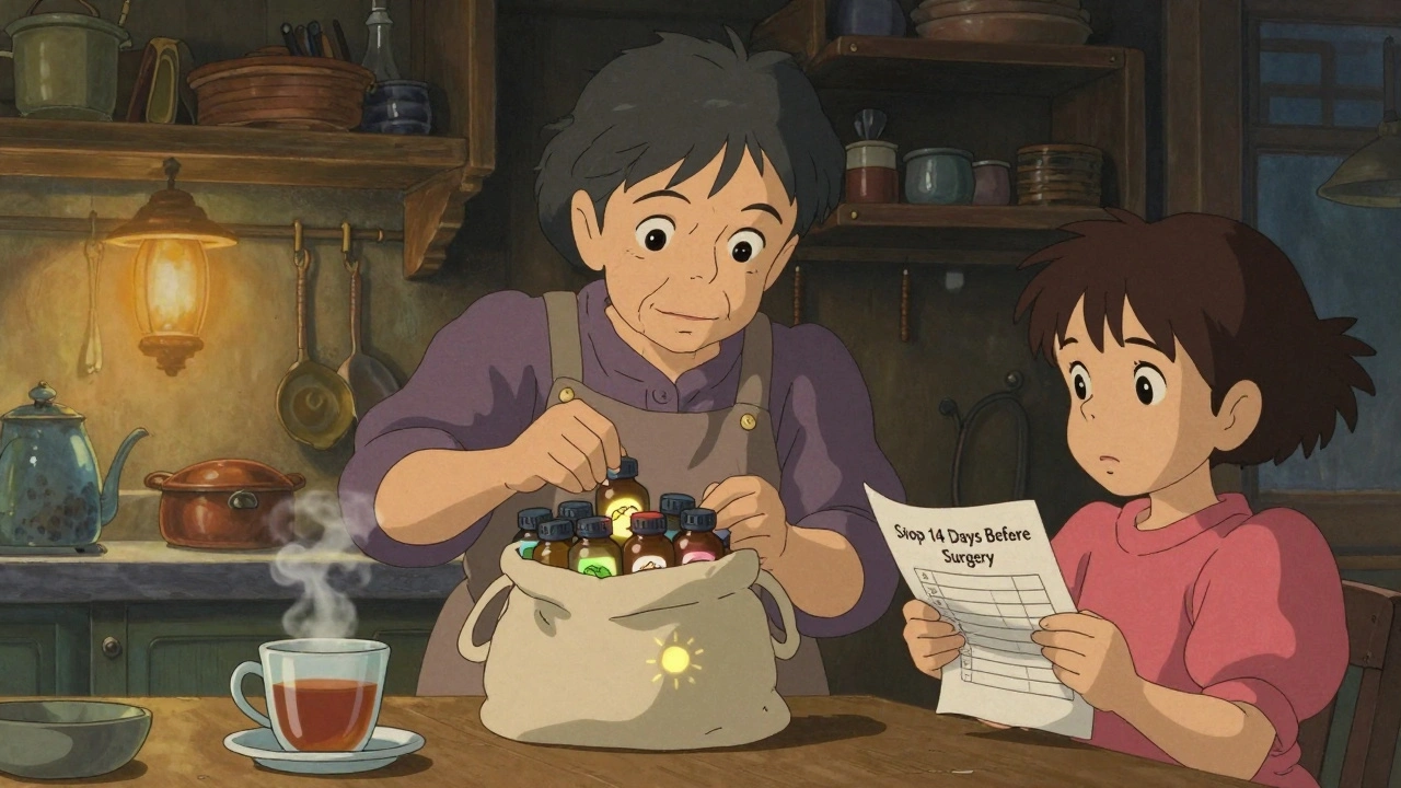 Grandmother packing supplements at night, granddaughter watching with concern.