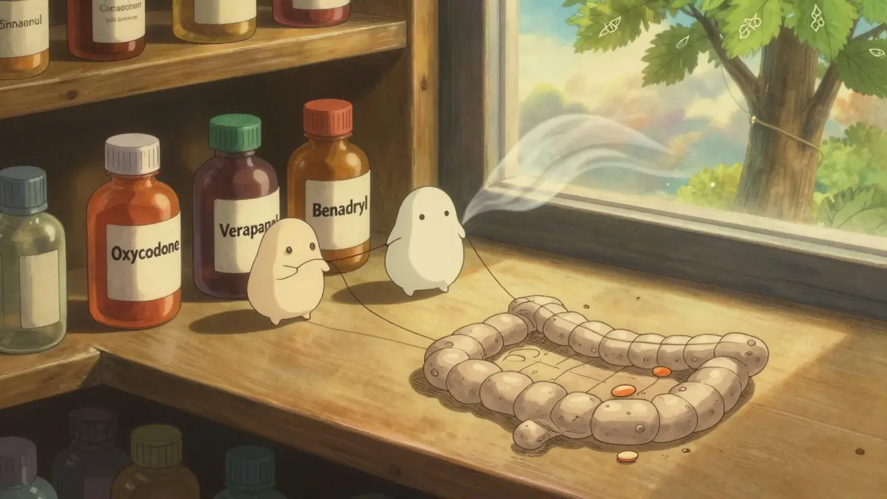 Medication bottles cast shadows over a clogged intestine, while gentle spirit creatures help restore flow.