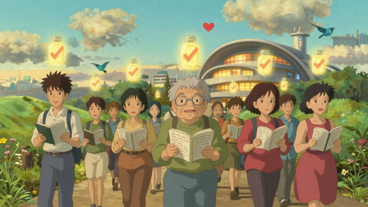 People walk down a path as supplement bottles turn into birds, symbolizing honesty and safety.