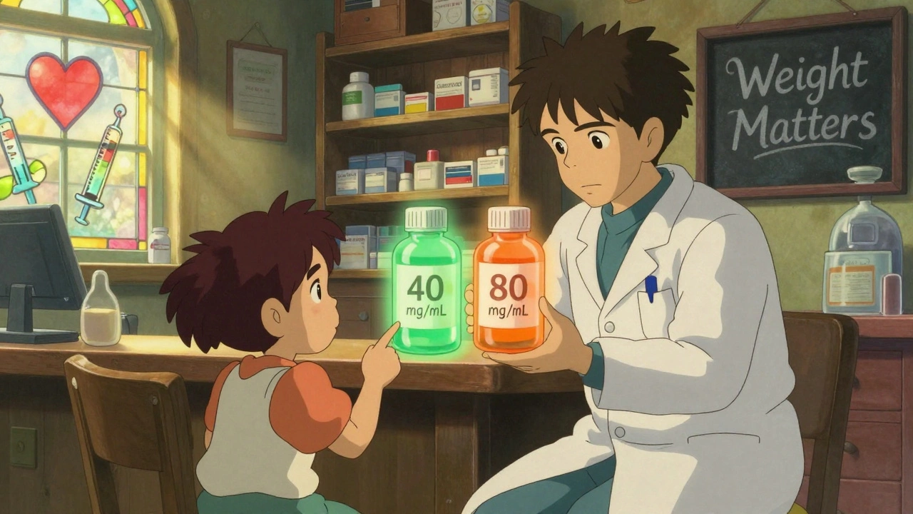 Pharmacist showing two differently concentrated medicine bottles to a child in a warm, magical pharmacy.