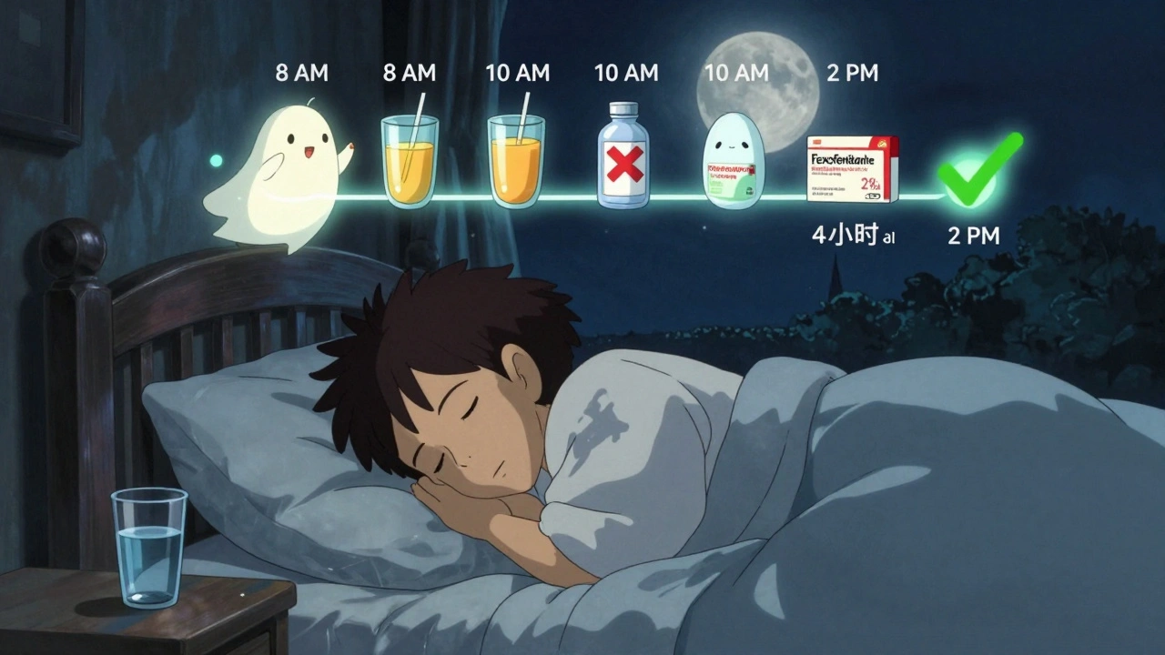 Sleeping person with glowing timeline showing 4-hour wait for fexofenadine absorption, juice demons gone, water beside bed.