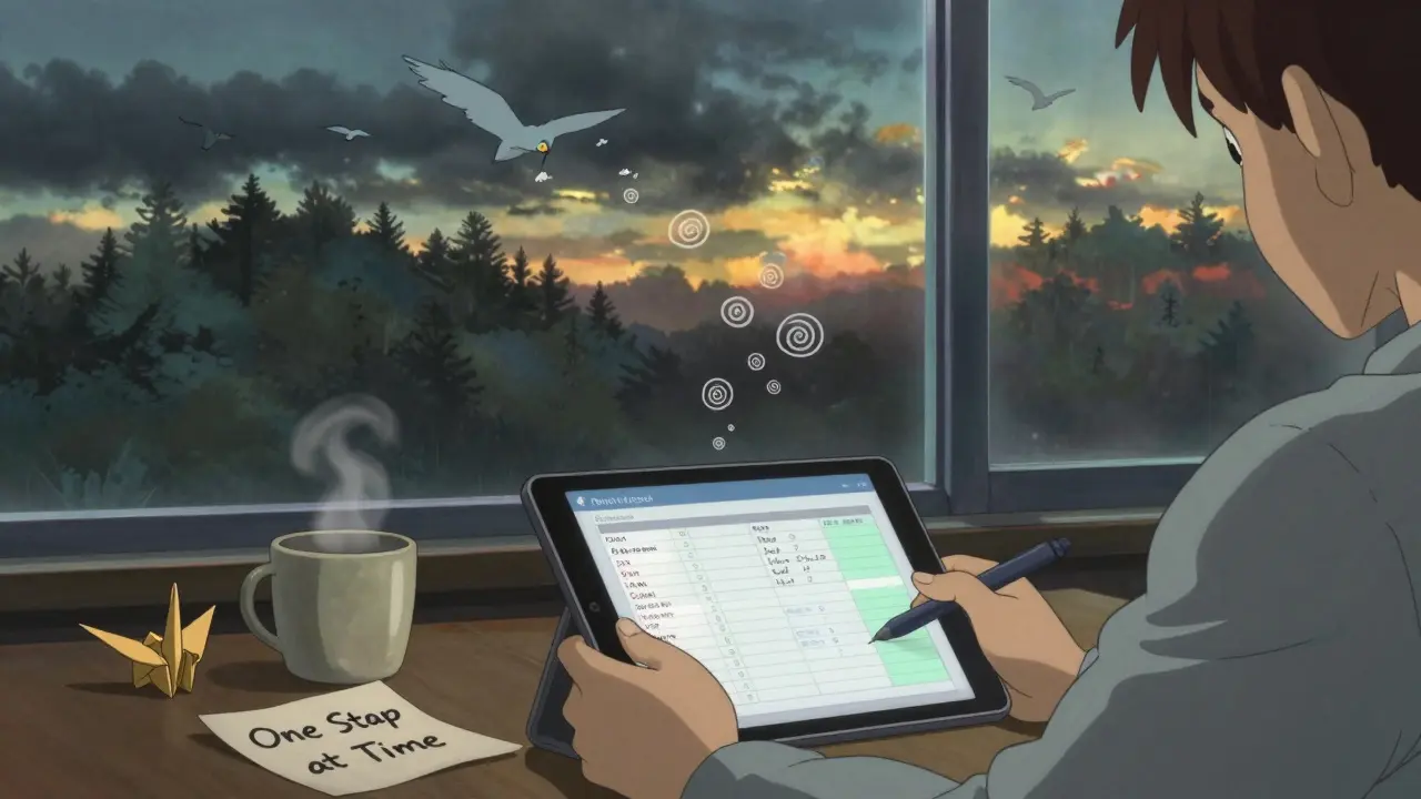 Someone journaling pain thoughts on a tablet as stormy thought-spirals turn into birds flying away at dawn.