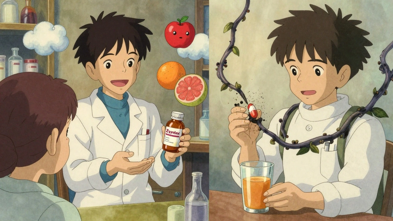 Split scene: Zyrtec accepted peacefully vs. Allegra crushed by fruit juice demons in soft Studio Ghibli animation style.
