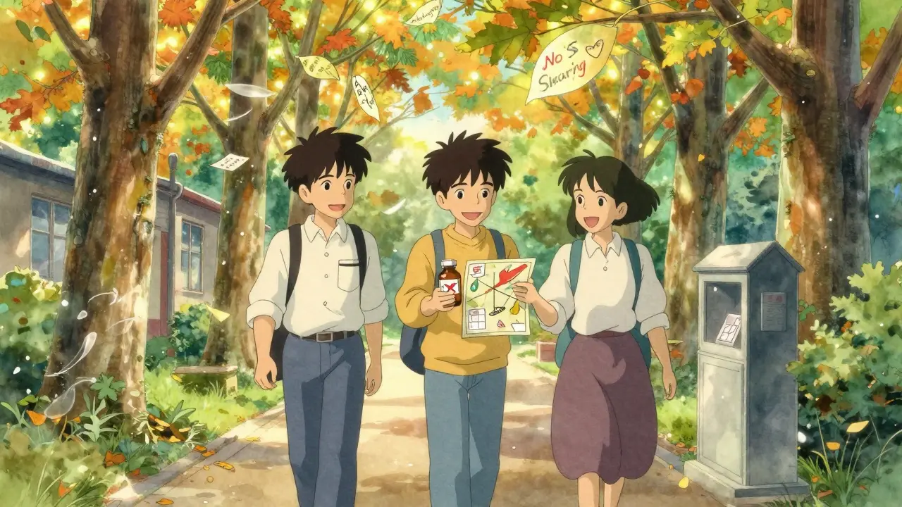 Three students on a campus path, one holding a pill bottle, another offering a map to a disposal kiosk, surrounded by glowing autumn leaves.