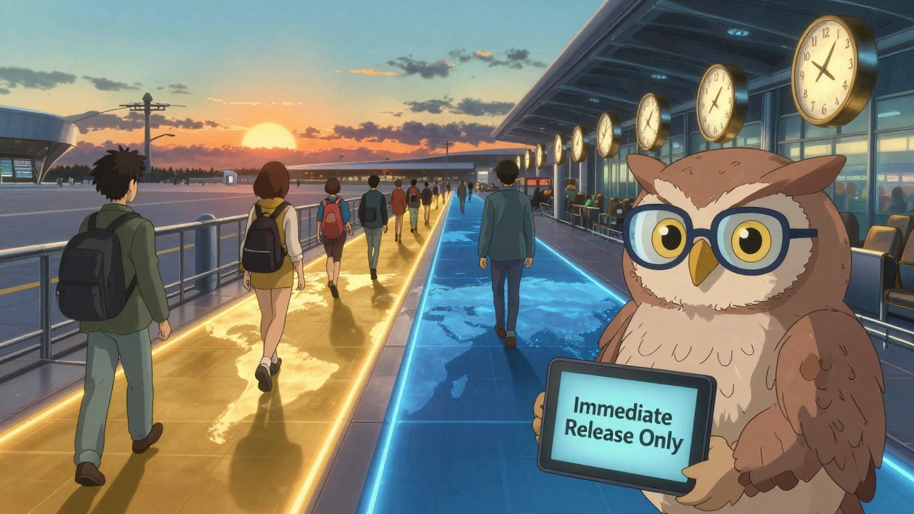 Travelers walk on glowing paths in an airport at dawn, with clocks ticking in sync as an owl holds a &#039;Immediate Release Only&#039; sign.
