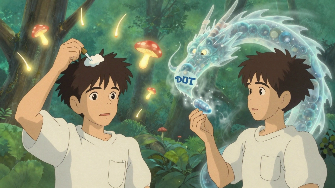 Two parallel scenes showing minoxidil application and DHT-blocking dragon in a magical, pastel-toned forest setting.