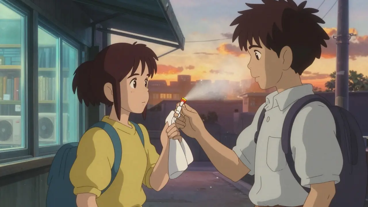 Two people share naloxone and a misting towel under a shaded awning, with a library’s cool light glowing nearby.