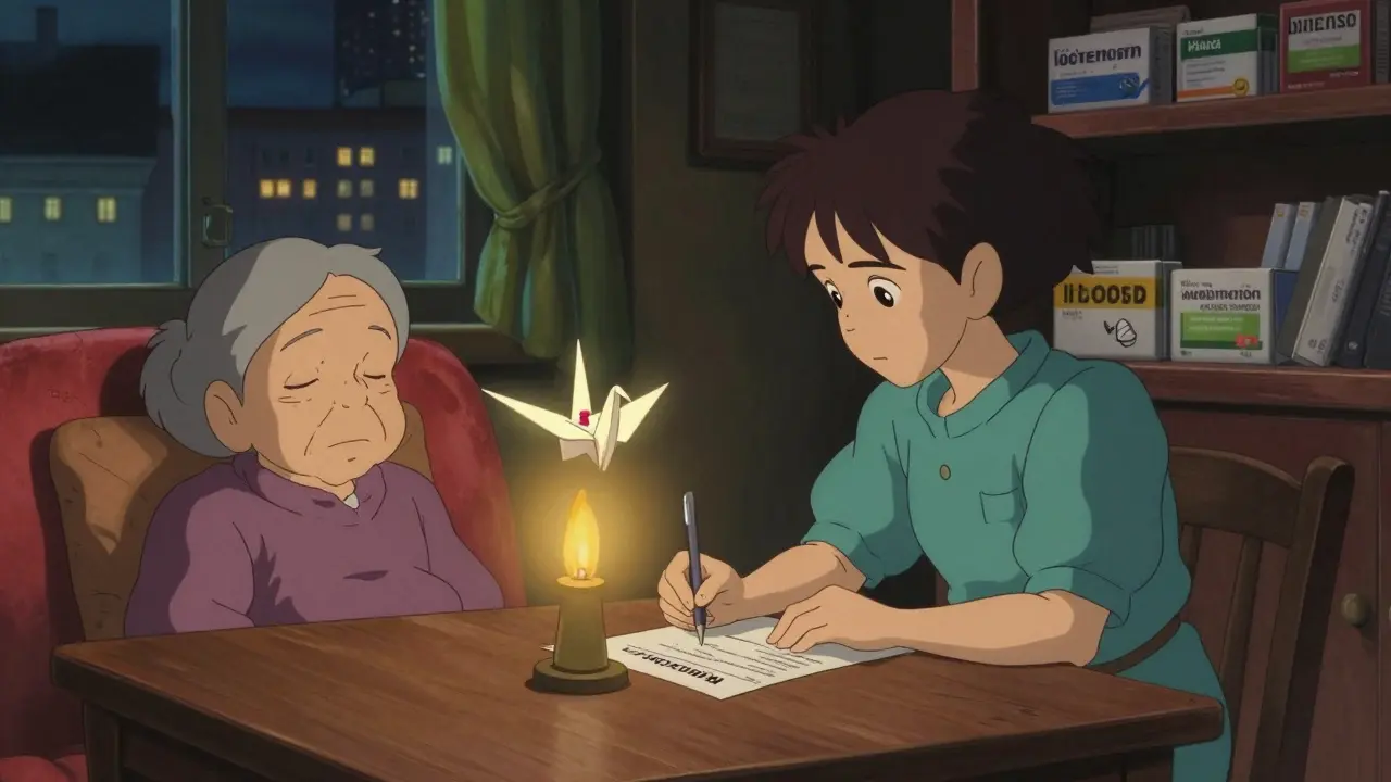A caregiver writes a MedWatch report by candlelight beside a sleeping relative, a paper crane made of labels hovers above.