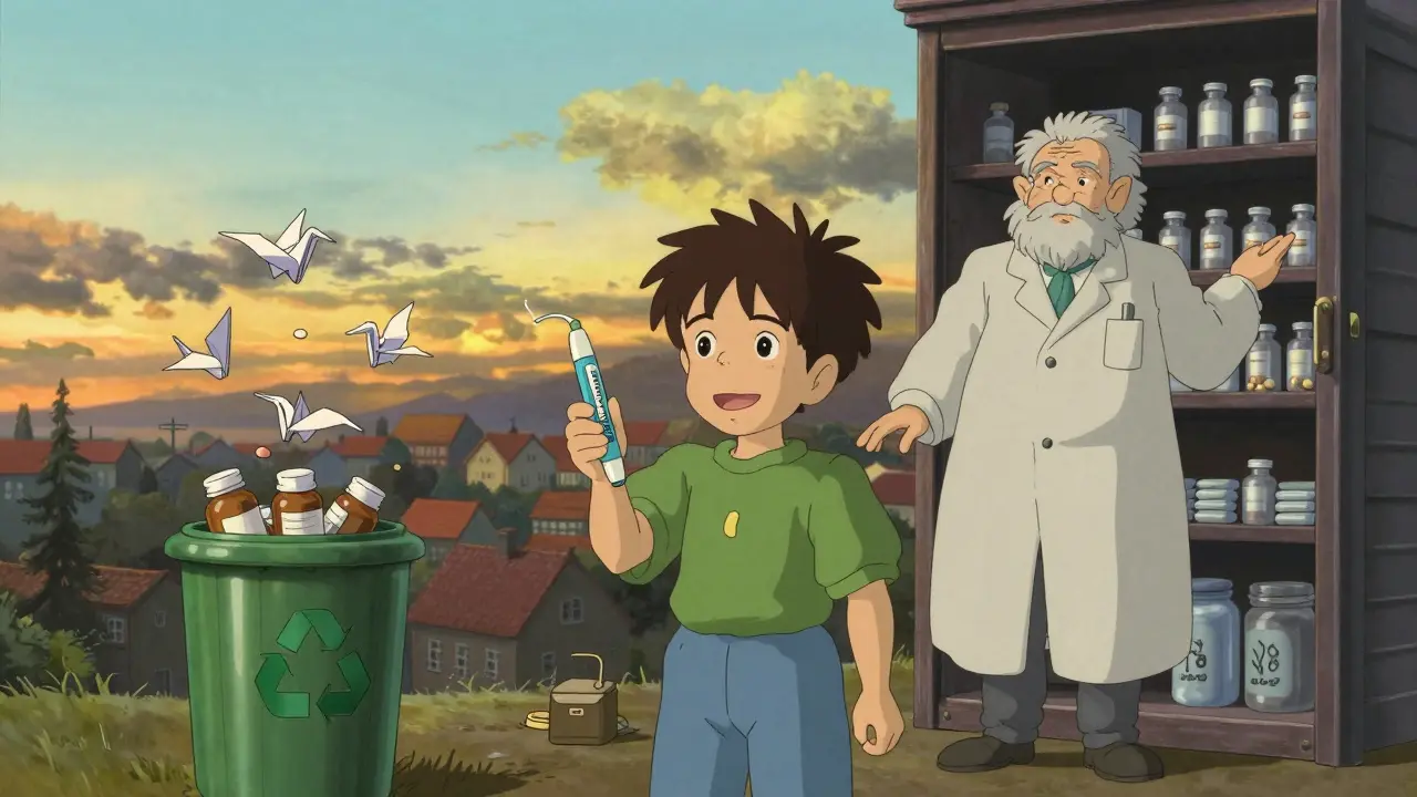 A child holding expired and fresh EpiPens on a hill, old pills turning into paper cranes.