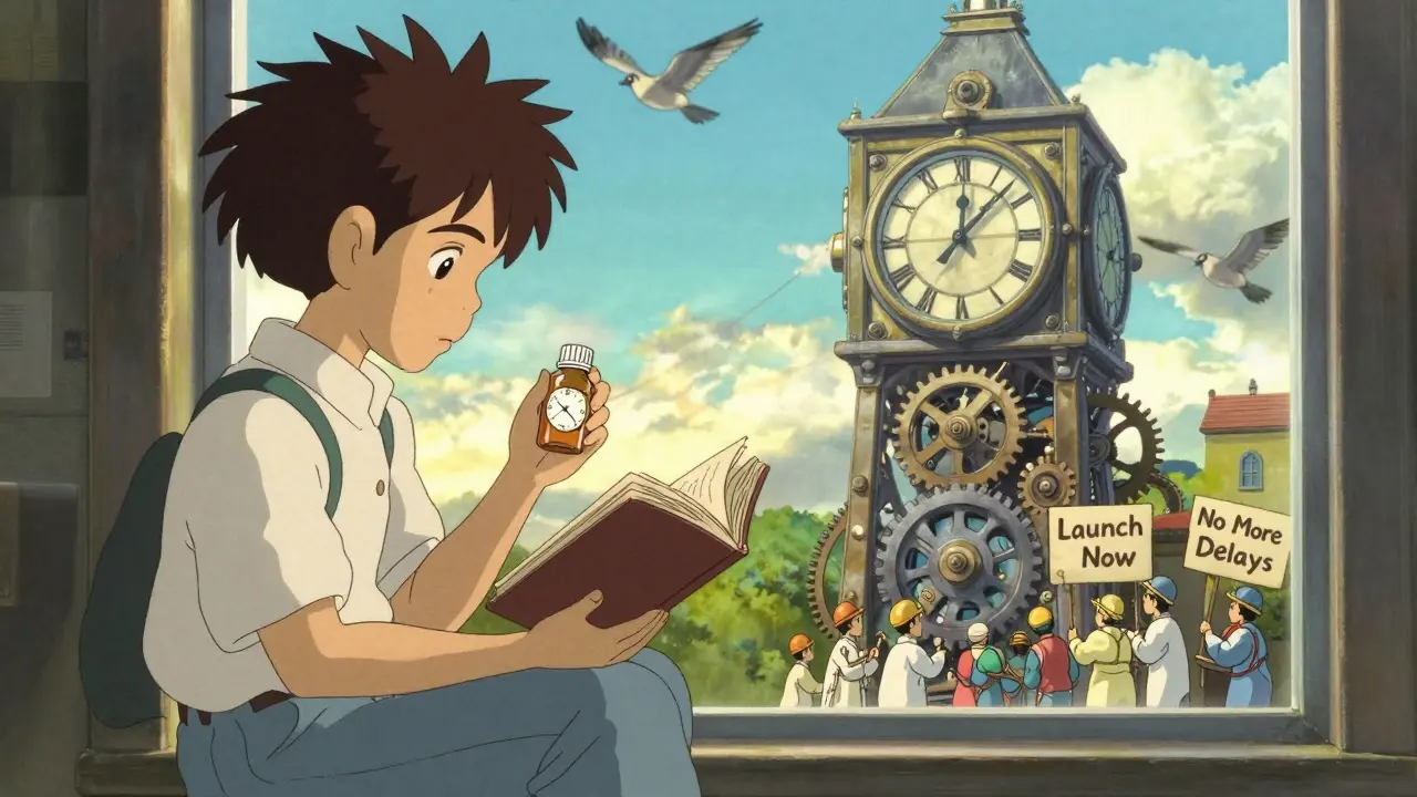 A child holds a generic pill bottle with a clock face as a broken clock tower looms behind them.