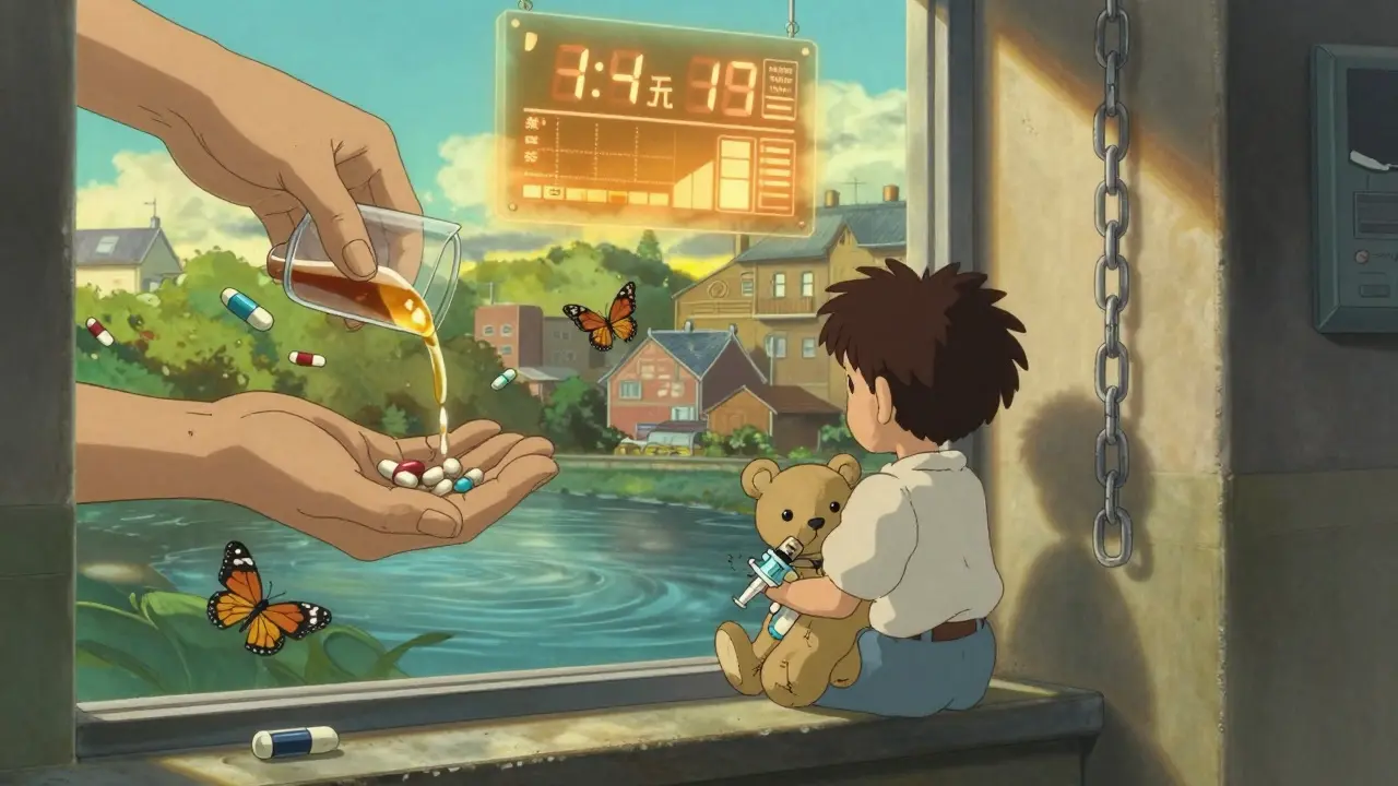 A child on a hospital windowsill gazing at a mural of hands pouring medicine and holding a broken chain, with prescription-label butterflies fluttering nearby.