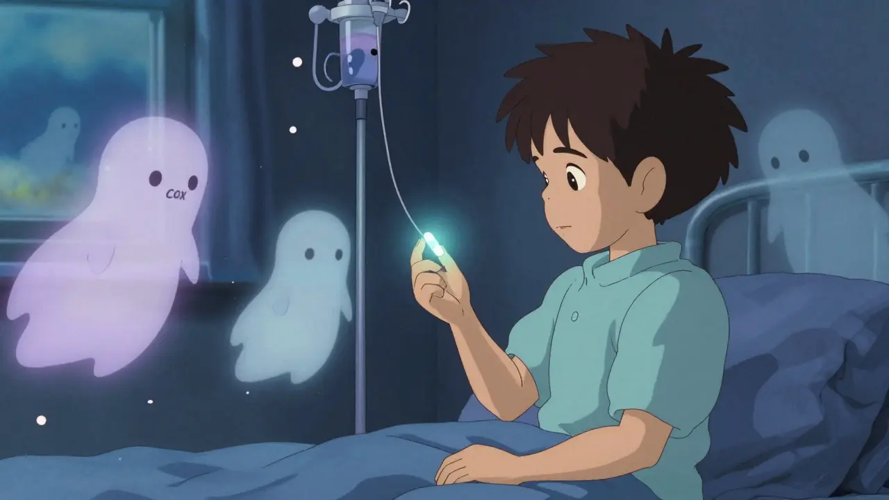 A child receives a glowing aspirin tablet as calming enzyme spirits surround them.