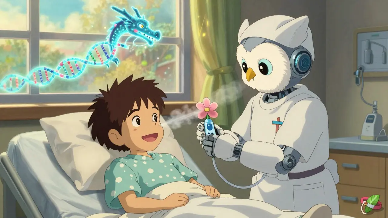 A child receiving nasal dantrolene mist as a magical creature repairs their DNA with light.