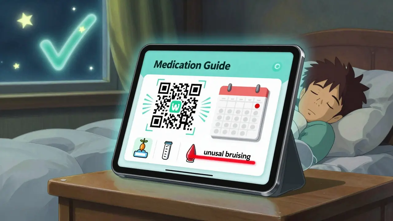 A digital medication guide shows animated monitoring icons above a bedside table at night.