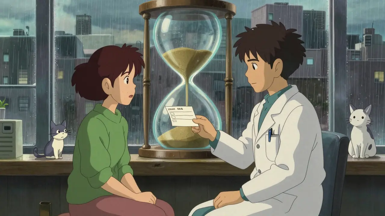 A doctor and patient holding a floating prescription like a paper crane, with an hourglass showing weight loss over time.