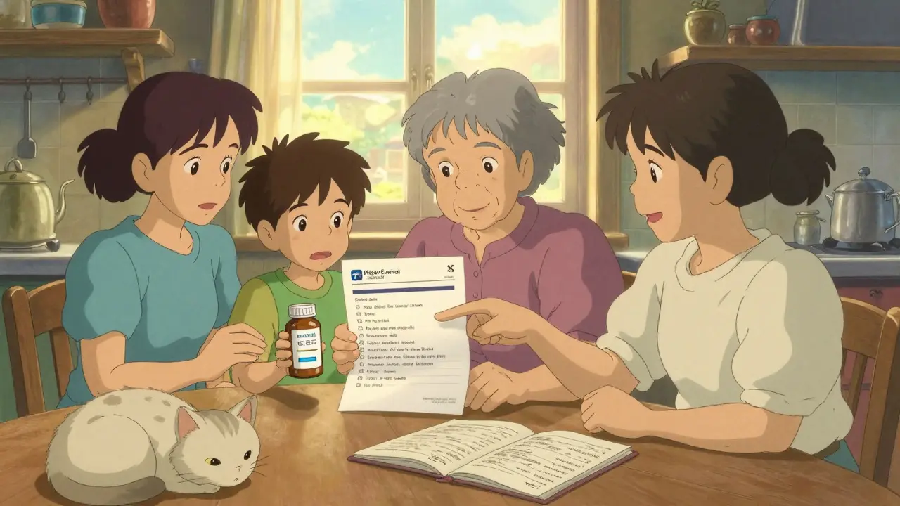 A family reviewing medication info together at the kitchen table with morning light.