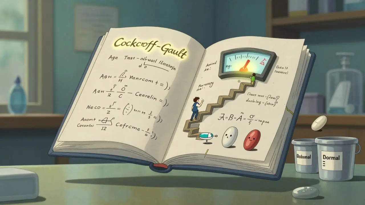 A floating book displays the Cockcroft-Gault formula with animated figures climbing toward a CrCl meter, surrounded by antibiotic icons in Studio Ghibli style.