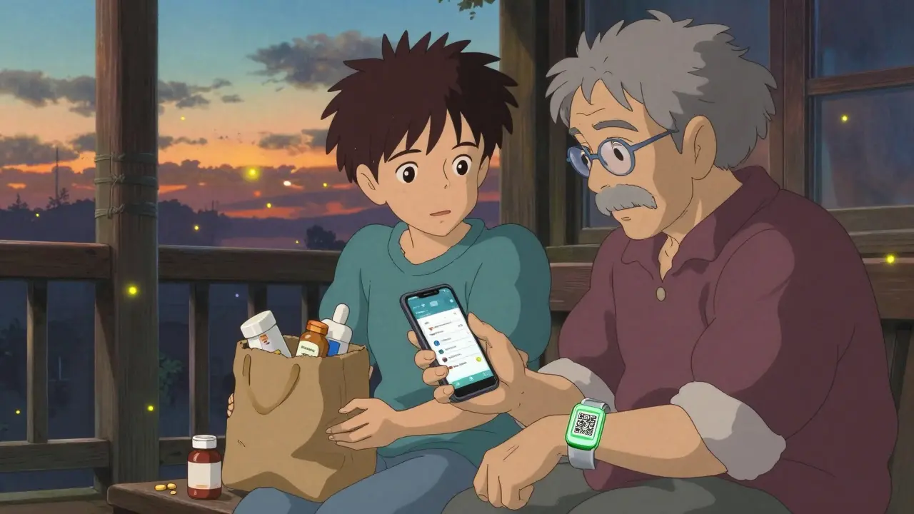 A grandparent and grandchild reviewing a medication app together on a porch, with pill bottles and a glowing QR bracelet.