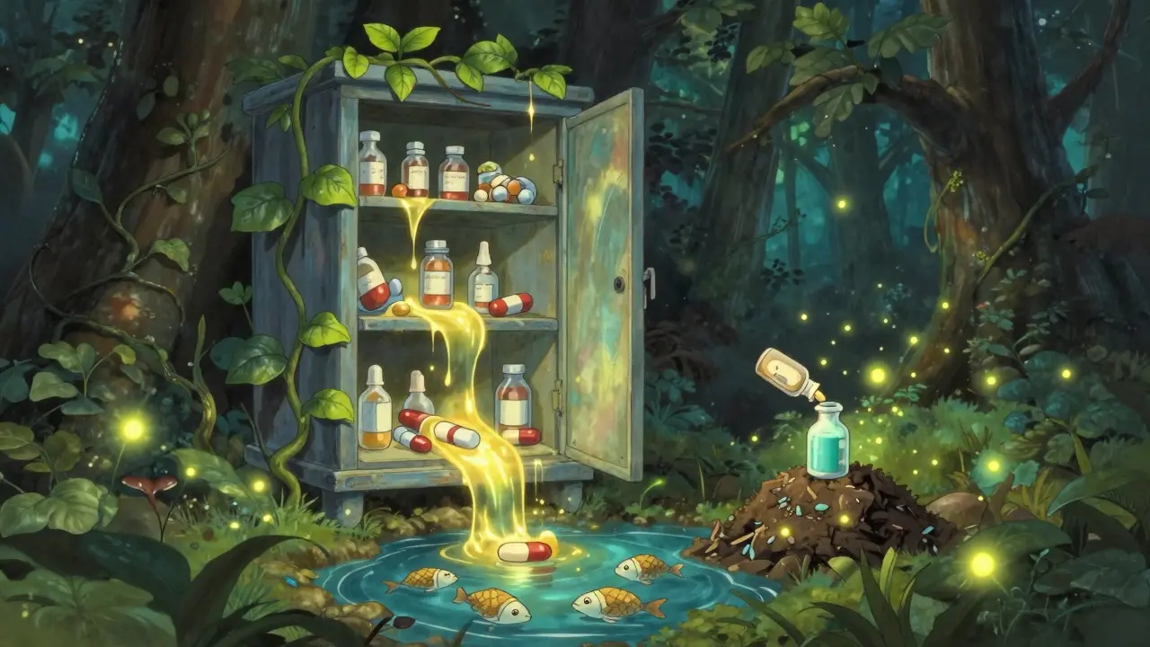 A magical forest growing from expired pills and liquids under a glowing cabinet.