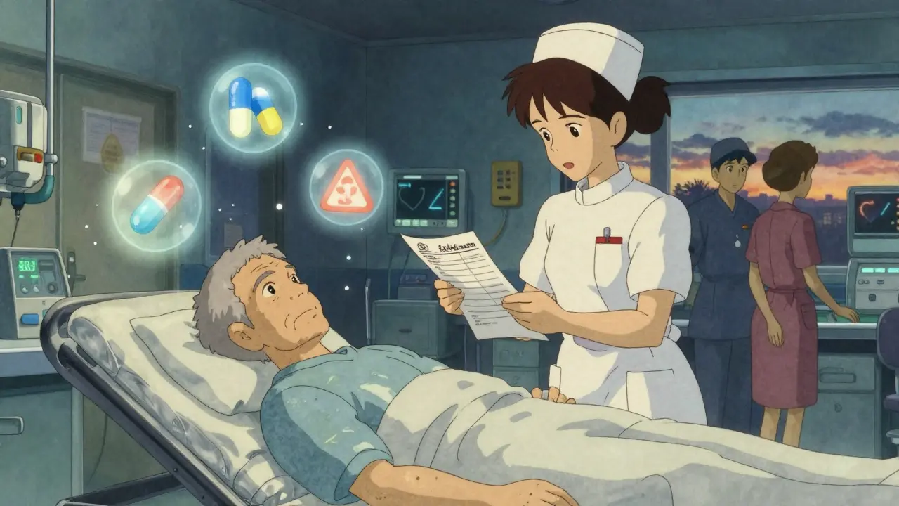 A nurse holding a medication list in a hospital ER, with glowing symbolic icons of medicines around an unconscious patient.