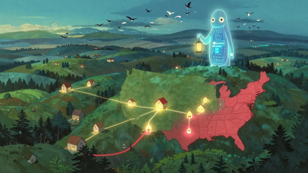 A peaceful landscape with glowing health paths connects homes to clinics, while a gentle data spirit watches over the land with a lantern.