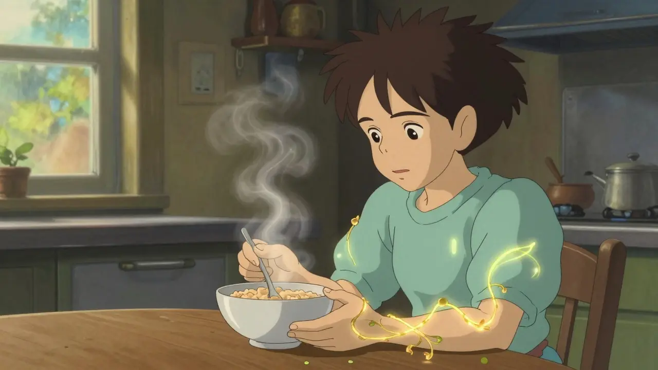 A person at a kitchen table with glowing vines rising from oatmeal, representing reduced hunger and satiety.