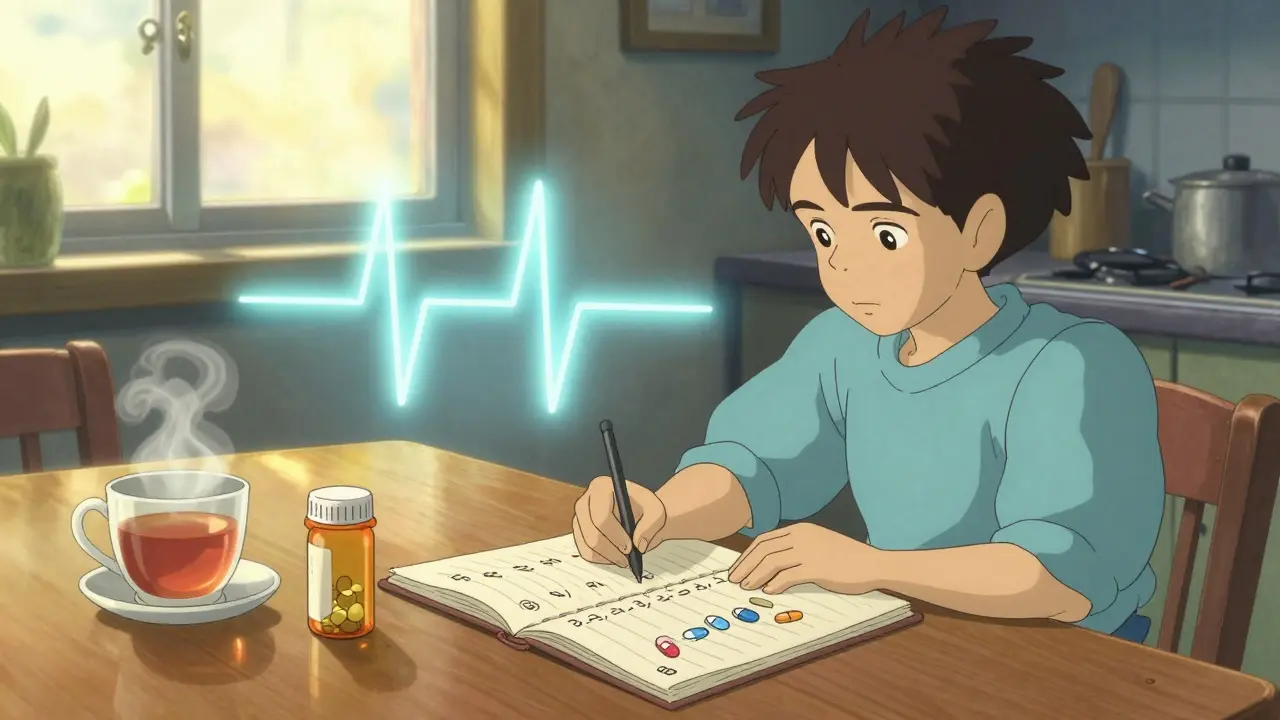 A person journaling pill changes and symptoms beside a floating graph of thyroid levels, morning light streaming in.
