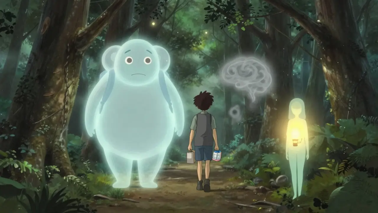 A person walking through a misty forest with spirit figures representing medication side effects and peace.