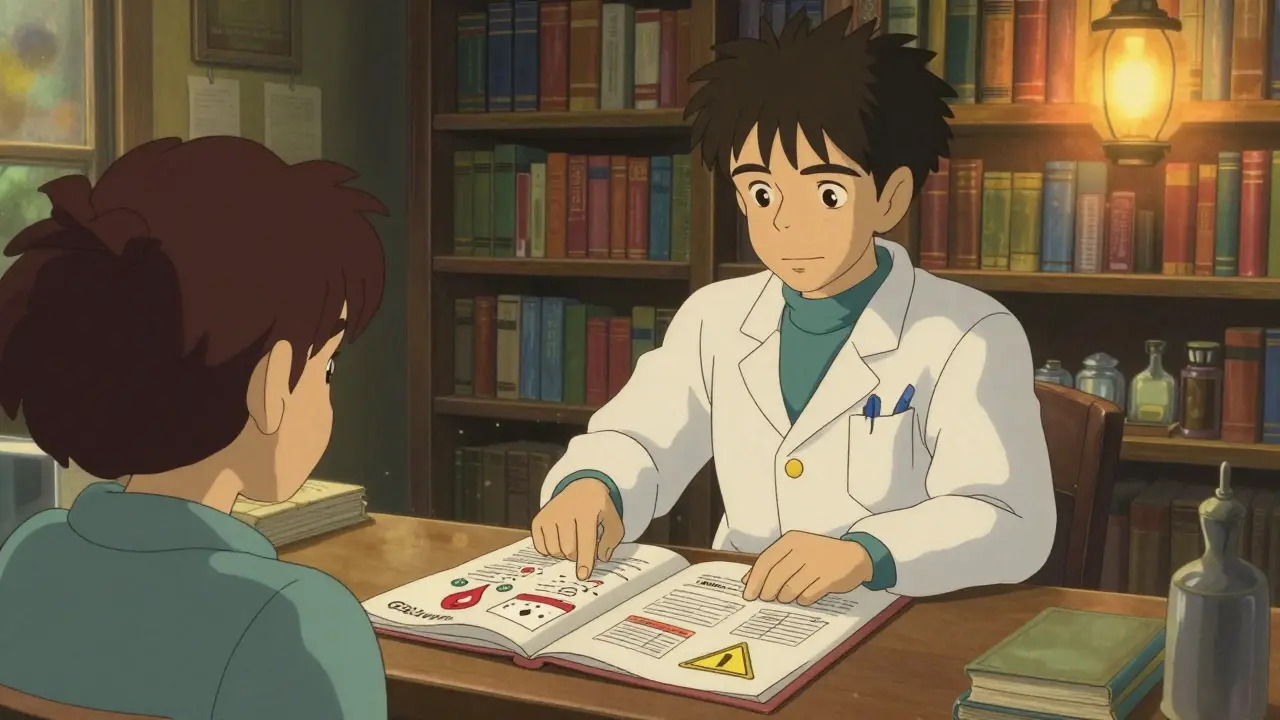 A pharmacist explains a medication guide with illustrated warning symbols under warm lamp light.