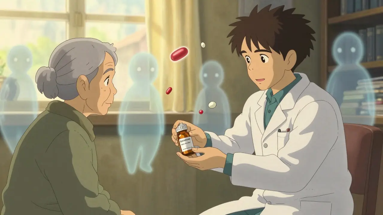 A pharmacist giving a patient a labeled pill bottle, with glowing medicine molecules floating gently in the air.
