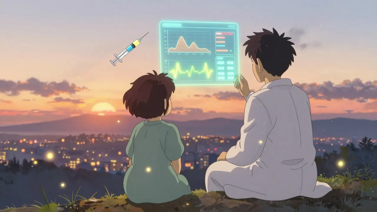A psychiatrist and patient watching glowing mood data fireflies at sunset on a hill.