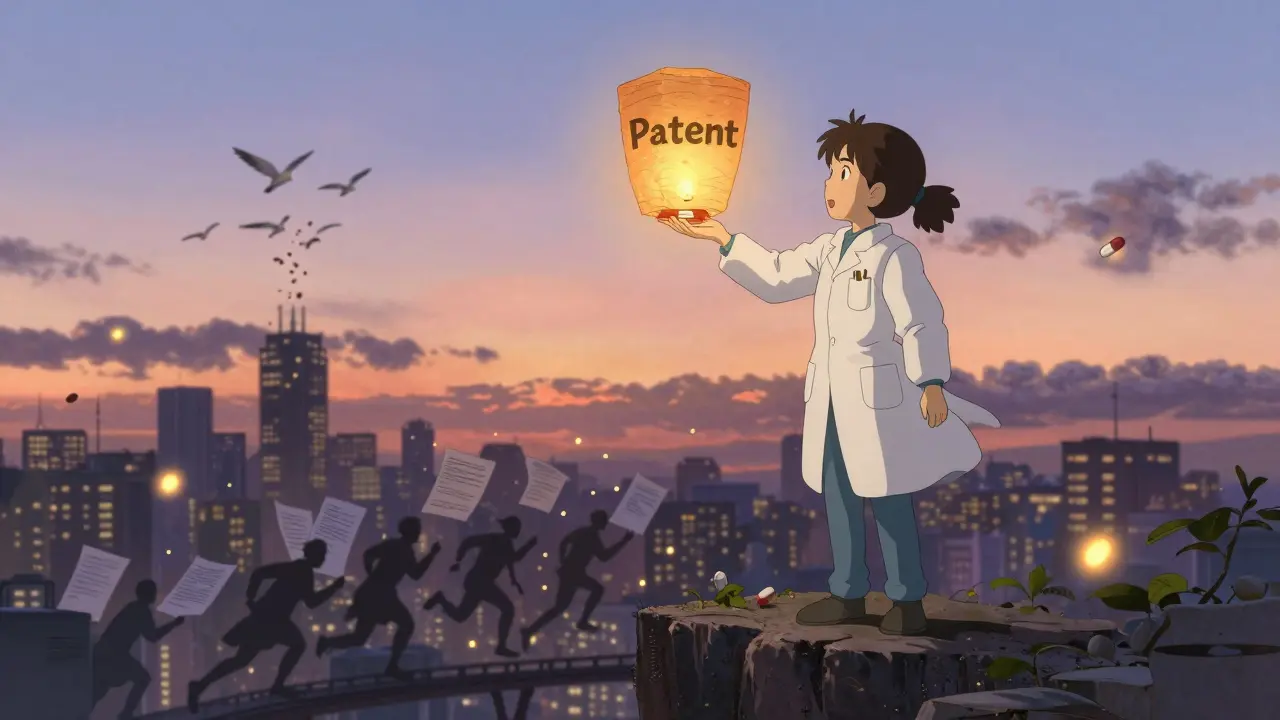 A scientist on a cliff watches generic pills rise like birds as legal documents form a bridge.