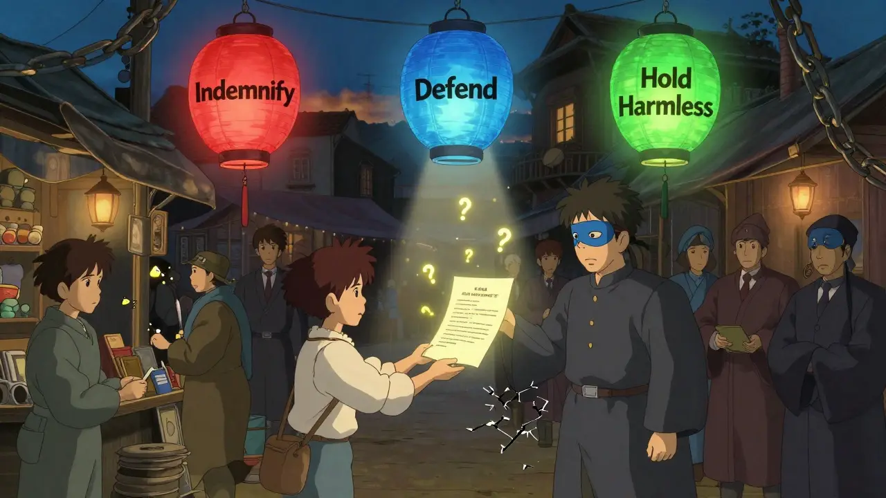 A shopkeeper and vendor exchange a contract under floating lanterns labeled 'Indemnify,' 'Defend,' and 'Hold Harmless.'