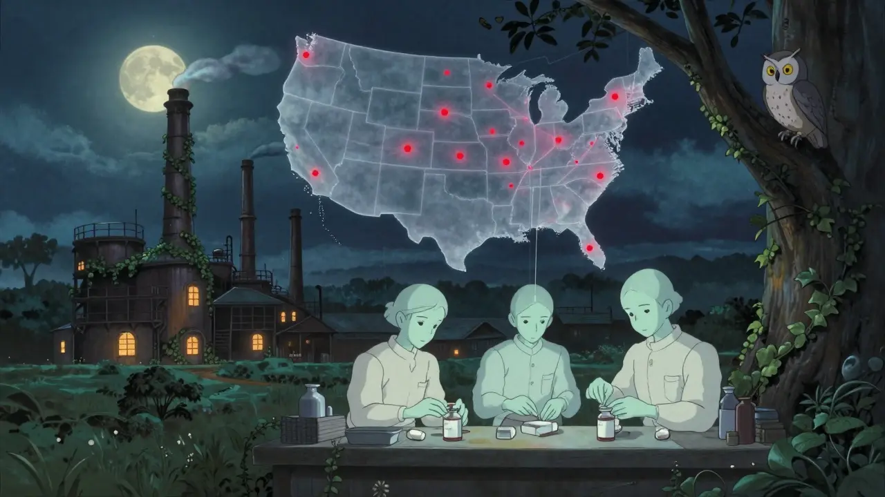 A silent factory in India produces medicine under moonlight, while a map of the U.S. pulses with missing drug locations.