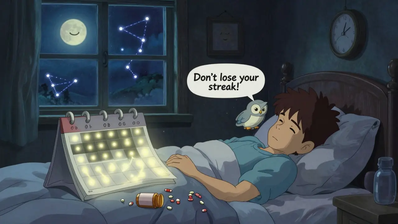 A young man in bed is surrounded by pill bottles, a glowing calendar streak and a wise owl-spirit whispering to keep his routine.