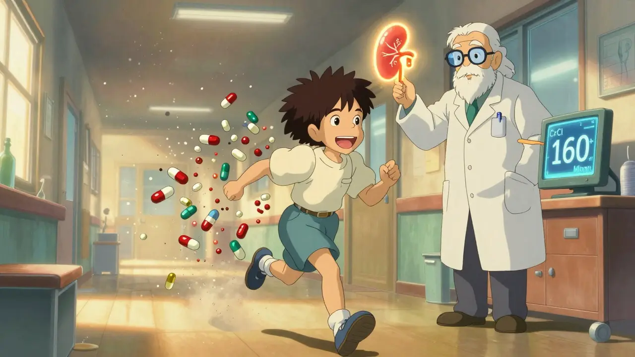 A young patient runs past fleeing antibiotic particles while a pharmacist points to a CrCl monitor soaring past 160 mL/min in soft Ghibli lighting.