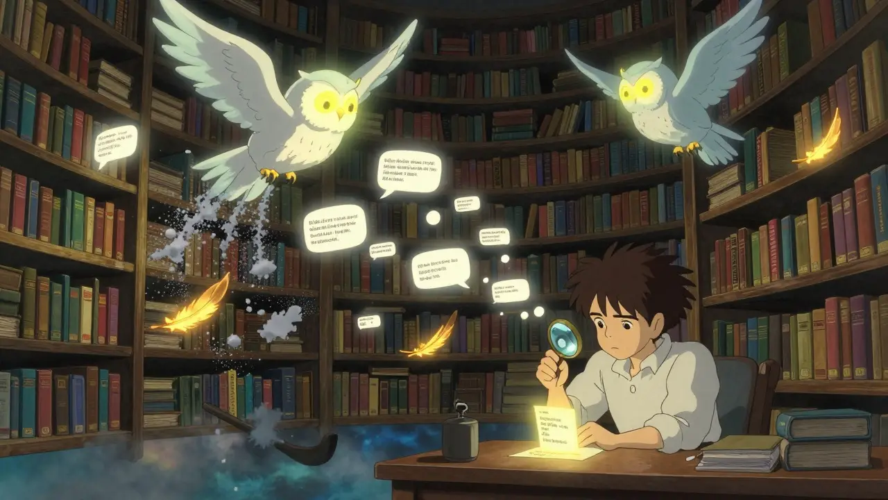 AI spirits sort through digital messages in a floating library, separating true drug warnings from noise.