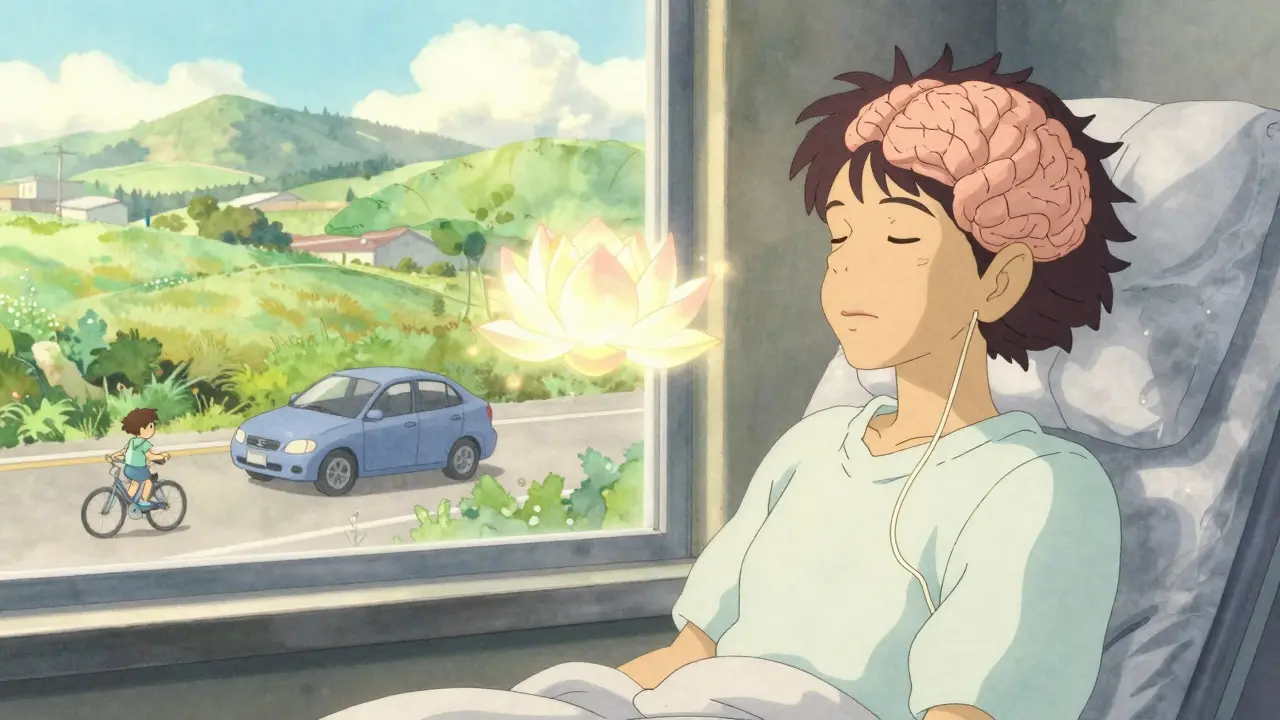 An adult at a window, at peace after surgery, with a glowing lotus symbolizing freedom and a car driving in the distance.